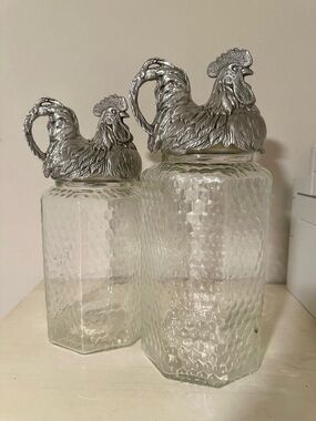 Vintage 2002 RARE Arthur Court Rooster Lids Glass Canisters - Set of 2